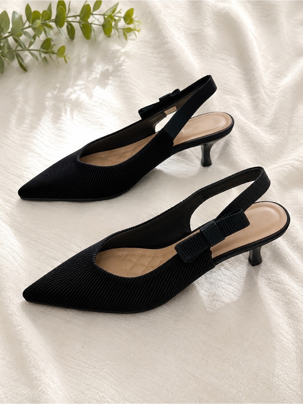 Black Pointed Slingback Kitten Heel Pumps with Bow Detail
